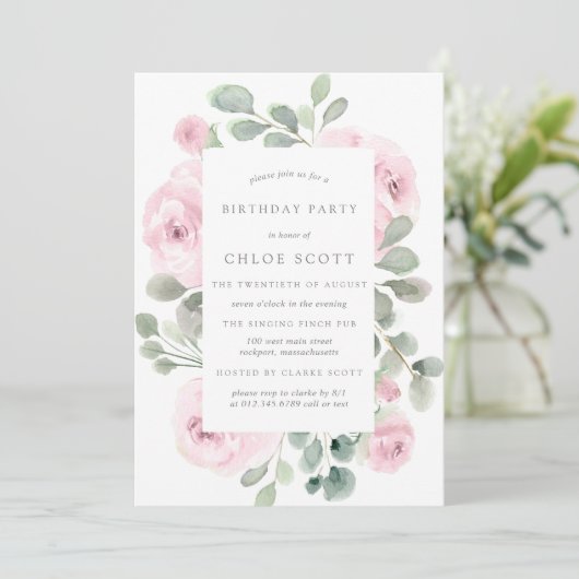 Roze Rose Floral Eucalyptus Birthday Uitnodiging (Staand voorkant)