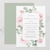 Roze Rose Floral Eucalyptus Birthday Uitnodiging (Voorkant / Achterkant)