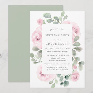 Roze Rose Floral Eucalyptus Birthday Uitnodiging