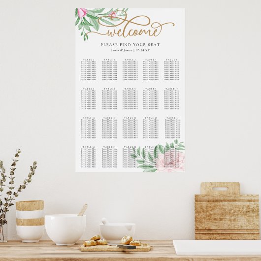 Roze Rose Floral Eucalyptus Wedding Seding Chart Poster (Keuken)