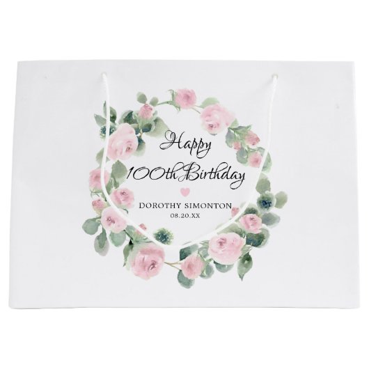 Roze Rose Floral Eucalyptus Wreath 100th Birthday Groot Cadeauzakje (Voorkant)