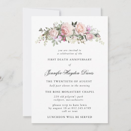 Roze Rose Floral First Death Jubileum Kaart (Voorkant)