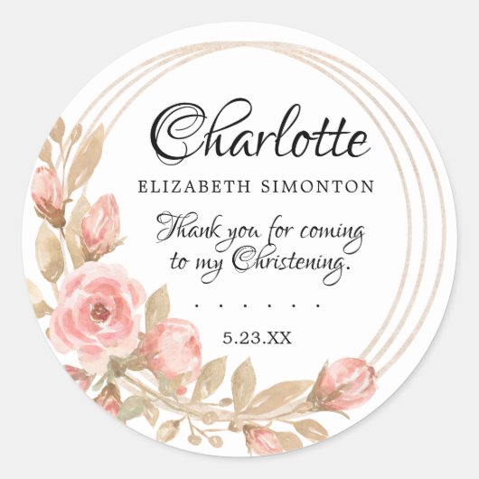 Roze Rose Floral Gepersonaliseerde doop Ronde Sticker (Voorkant)