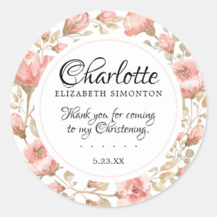 Roze Rose Floral Gepersonaliseerde doop Ronde Sticker