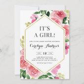Roze Rose Floral Gold Foil Het is een meisje Baby  Kaart (Voorkant)