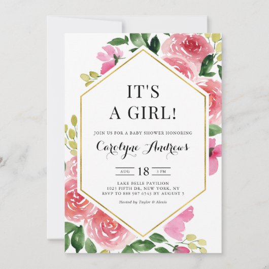 Roze Rose Floral Gold Foil Het is een meisje Baby  Kaart (Voorkant)