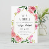 Roze Rose Floral Gold Foil Het is een meisje Baby  Kaart (Staand voorkant)
