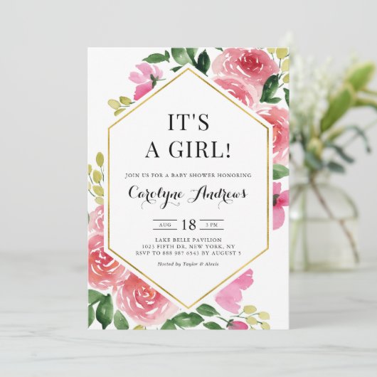 Roze Rose Floral Gold Foil Het is een meisje Baby  Kaart (Staand voorkant)