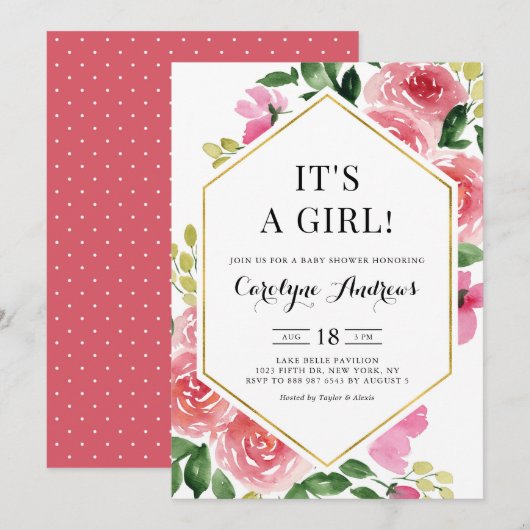 Roze Rose Floral Gold Foil Het is een meisje Baby  Kaart (Voorkant / Achterkant)