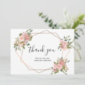 Roze Rose Floral Gold Lijst Geometric Wedding Bedankkaart (Staand voorkant)