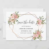 Roze Rose Floral Gold Lijst Geometric Wedding Save The Date (Voorkant)