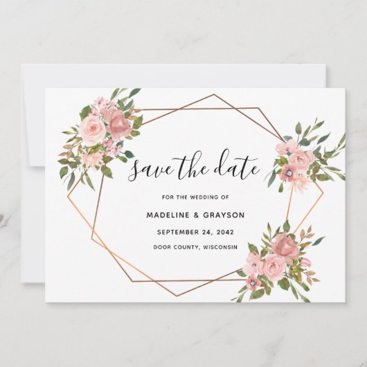 Roze Rose Floral Gold Lijst Geometric Wedding Save The Date (Voorkant)