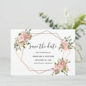 Roze Rose Floral Gold Lijst Geometric Wedding Save The Date (Staand voorkant)