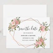 Roze Rose Floral Gold Lijst Geometric Wedding Save The Date (Voorkant / Achterkant)