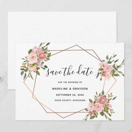 Roze Rose Floral Gold Lijst Geometric Wedding Save The Date (Voorkant / Achterkant)