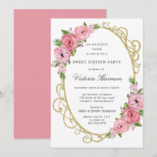 Roze Rose Floral Gold Lijst Sweet 16 Party Invitat Kaart