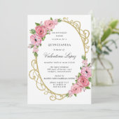 Roze Rose Floral Gold Quinceanera Uitnodiging (Staand voorkant)