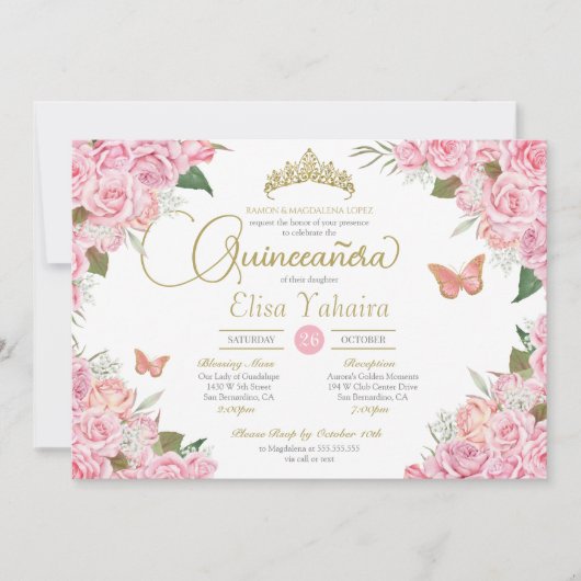 Roze Rose Floral Gold Tiara Butterfly Quinceanera Kaart (Voorkant)