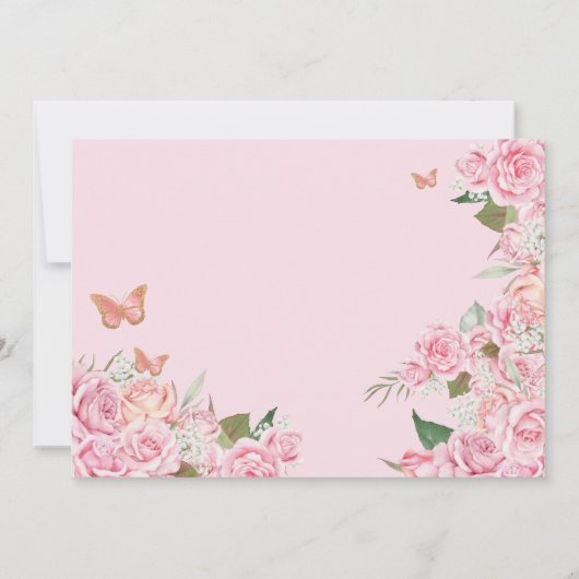 Roze Rose Floral Gold Tiara Butterfly Quinceanera Kaart (Achterkant)