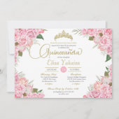 Roze Rose Floral Gold Tiara Quinceanera Kaart (Voorkant)