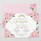 Roze Rose Floral Gold Tiara Quinceanera Kaart (Voorkant / Achterkant)