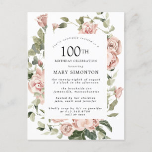 Roze Rose Floral Greenery 100th Birthday Uitnodiging Briefkaart