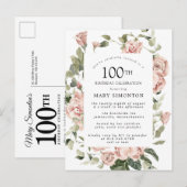 Roze Rose Floral Greenery 100th Birthday Uitnodiging Briefkaart (Voorkant / Achterkant)