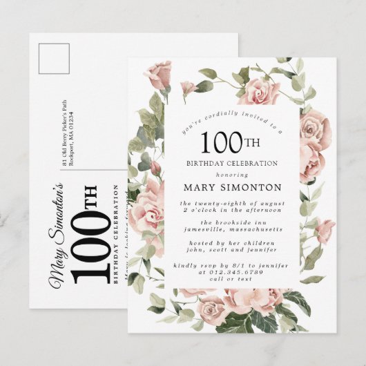 Roze Rose Floral Greenery 100th Birthday Uitnodiging Briefkaart (Voorkant / Achterkant)