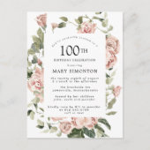 Roze Rose Floral Greenery 100th Birthday Uitnodiging Briefkaart (Voorkant)