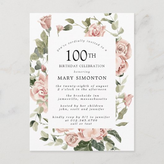 Roze Rose Floral Greenery 100th Birthday Uitnodiging Briefkaart (Voorkant)