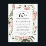 Roze Rose Floral Greenery 60th Birthday Uitnodiging Briefkaart<br><div class="desc">Eer een speciale vrouw met deze elegante 60th Birthday party uitnodiging. Roze rozen die in zacht bladgroen worden gesmolten,  vormen een modern botanisch lijst. Alle tekst kan worden bewerkt,  dus je kunt je speciale viering perfect beschrijven</div>