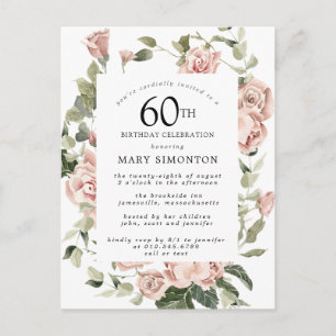 Roze Rose Floral Greenery 60th Birthday Uitnodiging Briefkaart