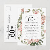 Roze Rose Floral Greenery 60th Birthday Uitnodiging Briefkaart (Voorkant / Achterkant)
