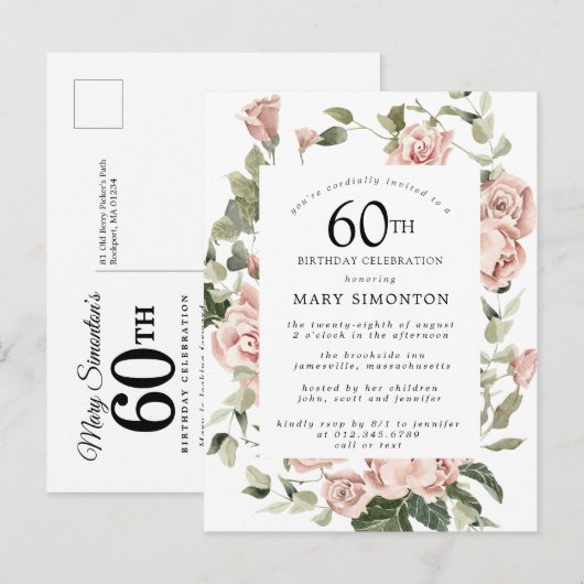 Roze Rose Floral Greenery 60th Birthday Uitnodiging Briefkaart (Voorkant / Achterkant)