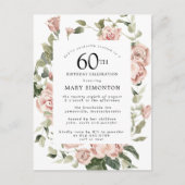 Roze Rose Floral Greenery 60th Birthday Uitnodiging Briefkaart (Voorkant)