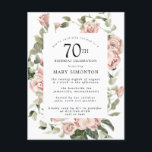 Roze Rose Floral Greenery 70th Birthday Uitnodiging Briefkaart<br><div class="desc">Eer een speciale vrouw met deze elegante uitnodiging van het 70e Birthday feest. Roze rozen die in zacht bladgroen worden gesmolten,  vormen een modern botanisch lijst. Alle tekst kan worden bewerkt,  dus je kunt je speciale viering perfect beschrijven</div>