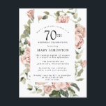 Roze Rose Floral Greenery 70th Birthday Uitnodiging Briefkaart<br><div class="desc">Eer een speciale vrouw met deze elegante uitnodiging van het 70e Birthday feest. Roze rozen die in zacht bladgroen worden gesmolten,  vormen een modern botanisch lijst. Alle tekst kan worden bewerkt,  dus je kunt je speciale viering perfect beschrijven</div>
