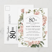 Roze Rose Floral Greenery 80th Birthday Uitnodiging Briefkaart (Voorkant / Achterkant)