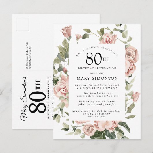 Roze Rose Floral Greenery 80th Birthday Uitnodiging Briefkaart (Voorkant / Achterkant)