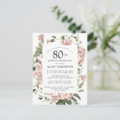Roze Rose Floral Greenery 80th Birthday Uitnodiging Briefkaart (Staand voorkant)