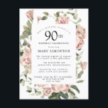Roze Rose Floral Greenery 90th Birthday Uitnodiging Briefkaart<br><div class="desc">Eer een speciale vrouw met deze elegante 90th Birthday party uitnodiging. Roze rozen die in zacht bladgroen worden gesmolten,  vormen een modern botanisch lijst. Alle tekst kan worden bewerkt,  dus je kunt je speciale viering perfect beschrijven</div>