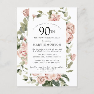 Roze Rose Floral Greenery 90th Birthday Uitnodiging Briefkaart