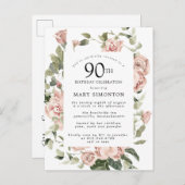 Roze Rose Floral Greenery 90th Birthday Uitnodiging Briefkaart (Voorkant / Achterkant)