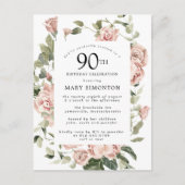 Roze Rose Floral Greenery 90th Birthday Uitnodiging Briefkaart (Voorkant)