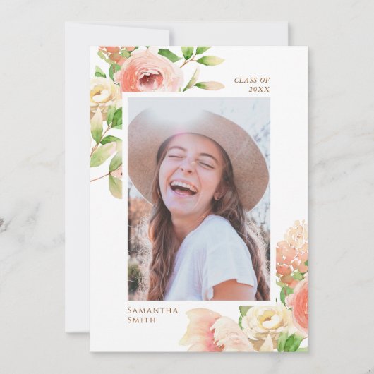 Roze Rose Floral Greenery Elegant Photo Afstuderen Aankondiging (Voorkant)