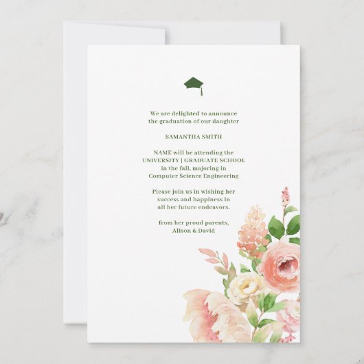 Roze Rose Floral Greenery Elegant Photo Afstuderen Aankondiging (Achterkant)