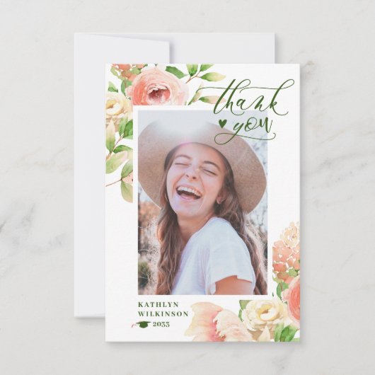 Roze Rose Floral Greenery Elegant Photo Afstuderen Bedankkaart (Voorkant)