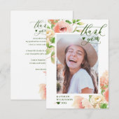 Roze Rose Floral Greenery Elegant Photo Afstuderen Bedankkaart (Voorkant / Achterkant)