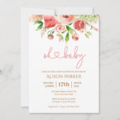 Roze Rose Floral Greenery Girl Baby shower Invitat Kaart (Voorkant)