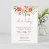 Roze Rose Floral Greenery Girl Baby shower Invitat Kaart (Staand voorkant)